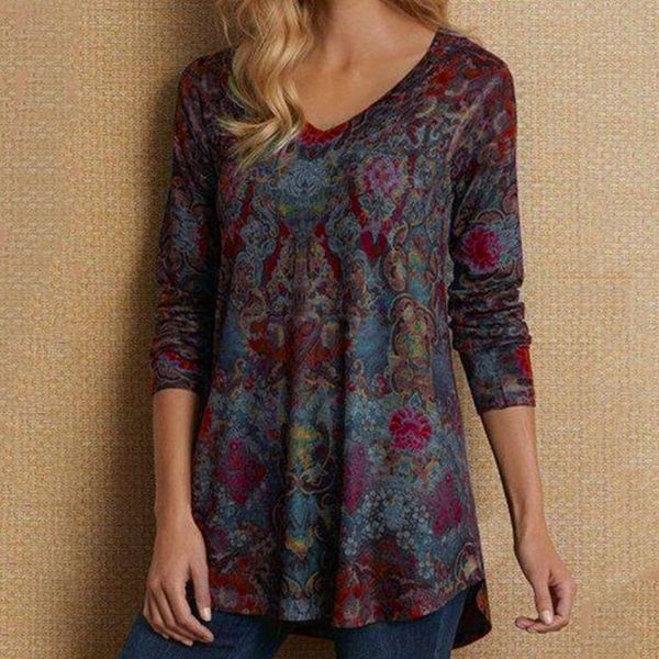 

women's blouses & shirts vintage casual v-neck womens flower prints long-sleeved loose shirt blouse oversized female clouthing blusas, White