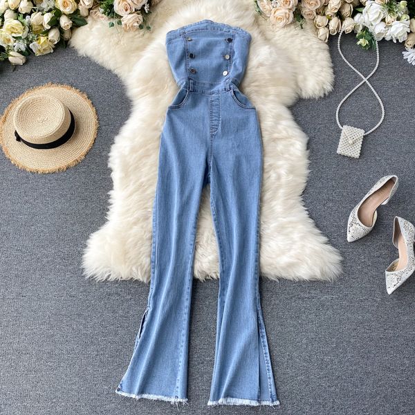 

amolapha women strapless jeans jumpsuits buttons woman fashion pockets split denim wide leg jumpsuit outfits, Black;white