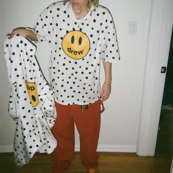 

digner drew house t shirt simple polka dot smiley face men and women couple loose round ne short sve cotton t-shirt trendy tee, White;black