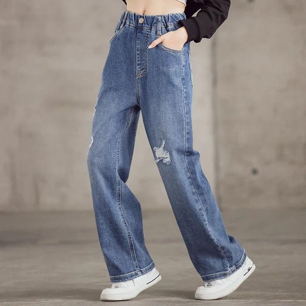 

jeans girls casual fashion loose kids leg wide pants straight cotton children ripped denim trouser, Blue