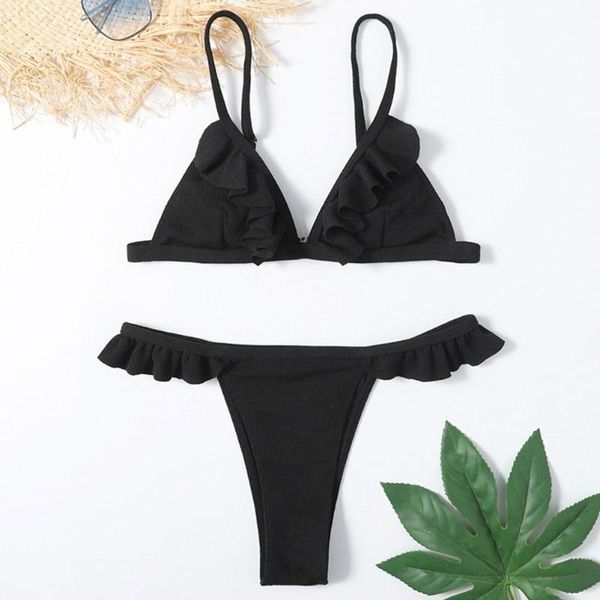 

women's swimwear 2021 push up bikinis swimsuits ruffle ribbed bathing cut high thong beachwear suits set bikini x8l9, White;black