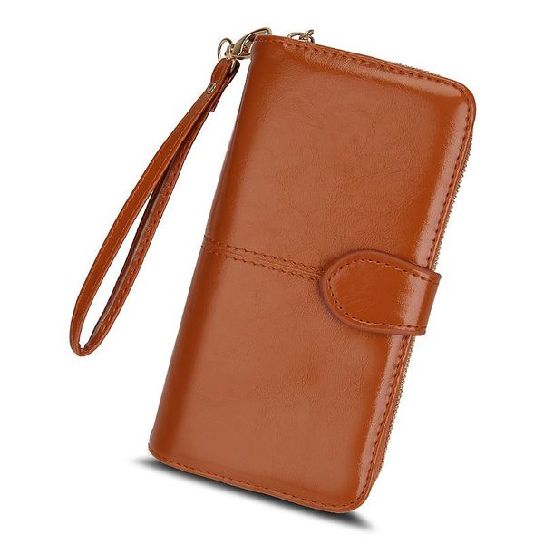 

wallets women's wallet oil wax leather retro long large-capacity multifunctional zipper buckle phone bag women, Red;black