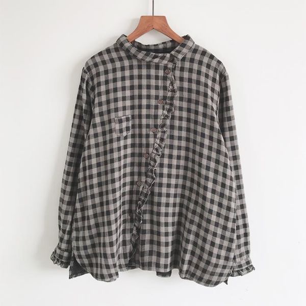 

women's blouses & shirts plaid women shirt 2021 japanese mori girl spring cotton o neck vintage fashion female yoyikamomo, White