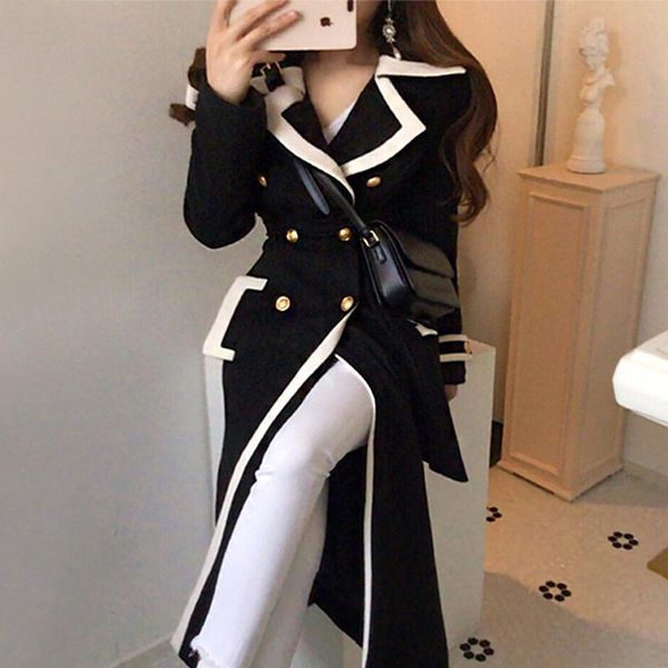 

women's wool & blends [ewq] korean temperament large lapel contrast color bonded metal double breasted bandage long sleeve tweed coat 2, Black