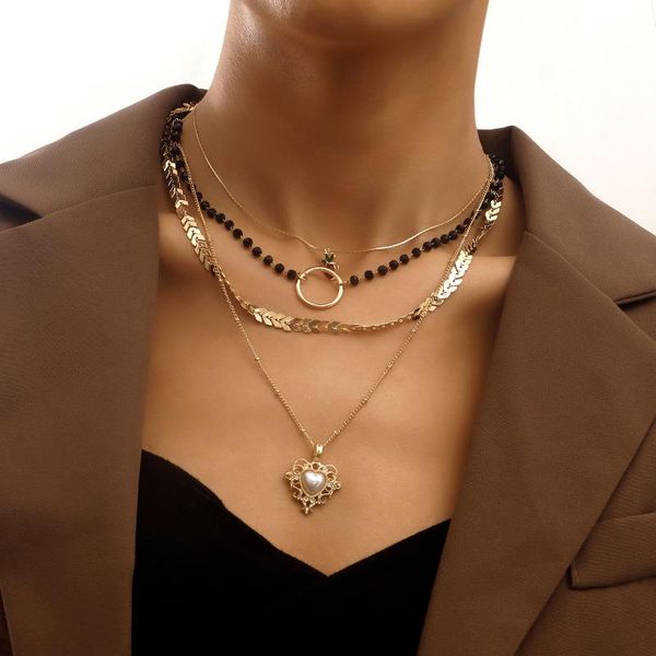 

pendant necklaces rhinestone strawberry imitation pearl heart necklace for women alloy arrow chain layered 2021 fashion, Silver