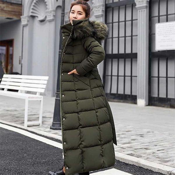 

winter jacket women's warm fashion bow belt fur collar coat long dress thick women 211216, Black