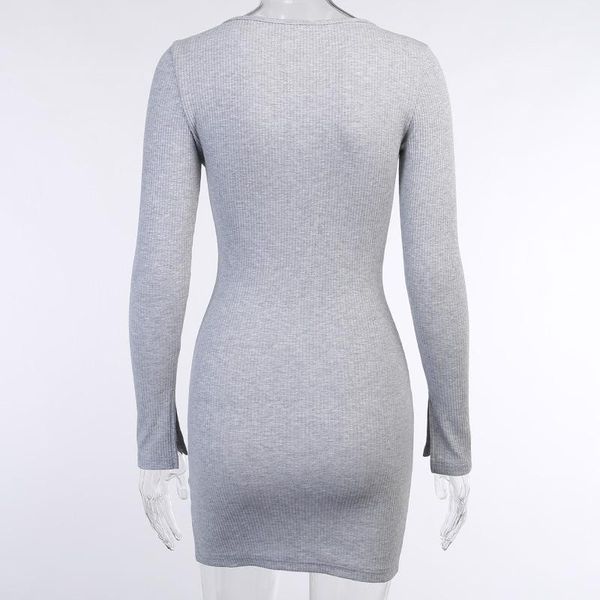 

autumn women fashion slim solid color long sleeve dress v-neck slit casual dresses, Black;gray