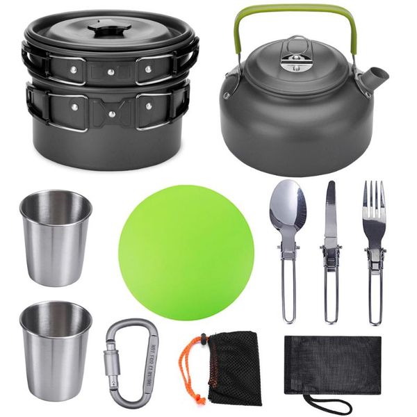 

camp kitchen 2-3 people outdoor camping hiking picnic teapot pot set tea frying pan aluminum carabiner cookware mess tableware