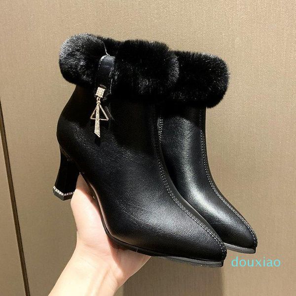 

boots 2021 pointed thick heel side zipper winter plus velvet solid color low-cut fashion women's high heels, Black