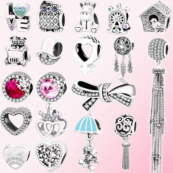 

2022 pendants 100% 925 sterling silver owl unicorn bird snail dream catcher bow heart shaped ferris wheel beaded charm diy bracelet