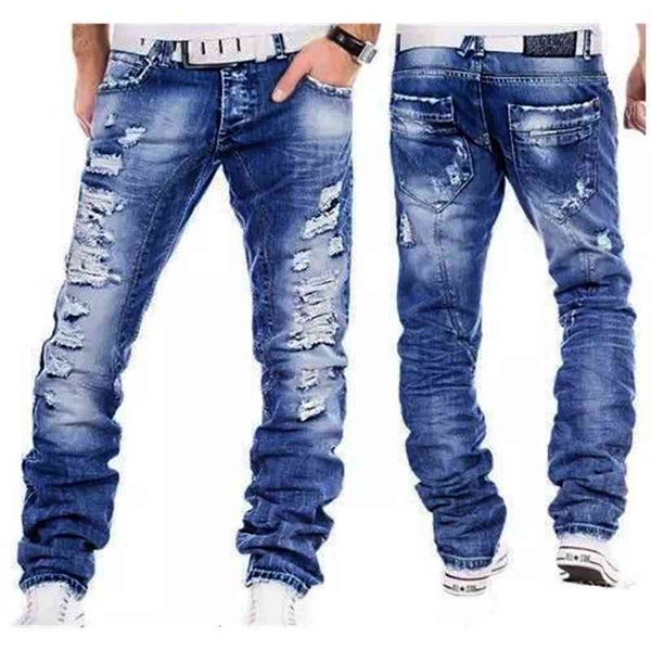 

2017 men's jeans washed and whitened pants middle waist trend denim, Blue