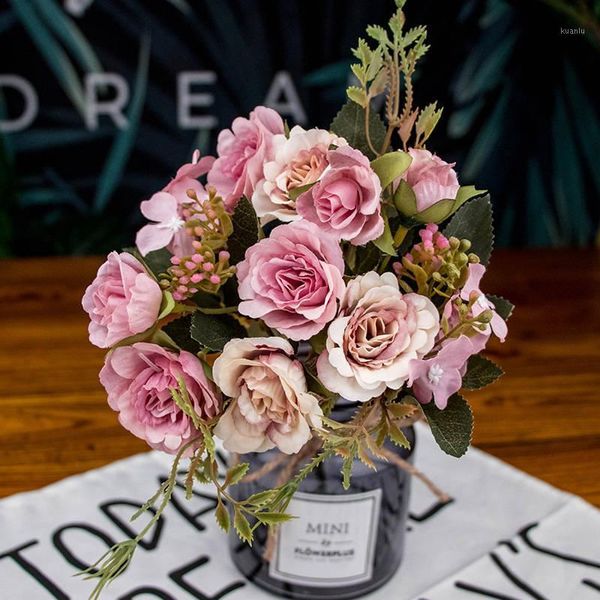 

bundle silk rose bouquet home decoration accessories wedding party scrapbook fake plants diy pompons artificial roses flowers decorative & w