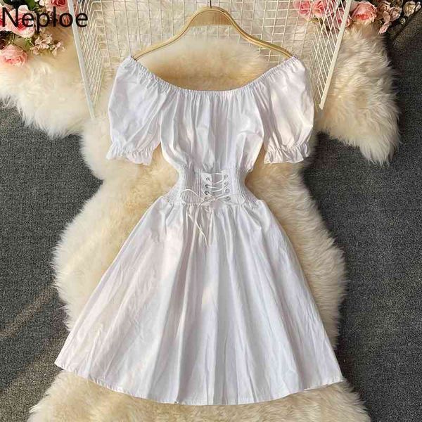 Neploe Square Neck Puff Kurzarm Weißes Kleid Frauen Sommer Koreanische Vestidos Spitze-up Schlanke Taille Mini Kleider Süße robe 210422
