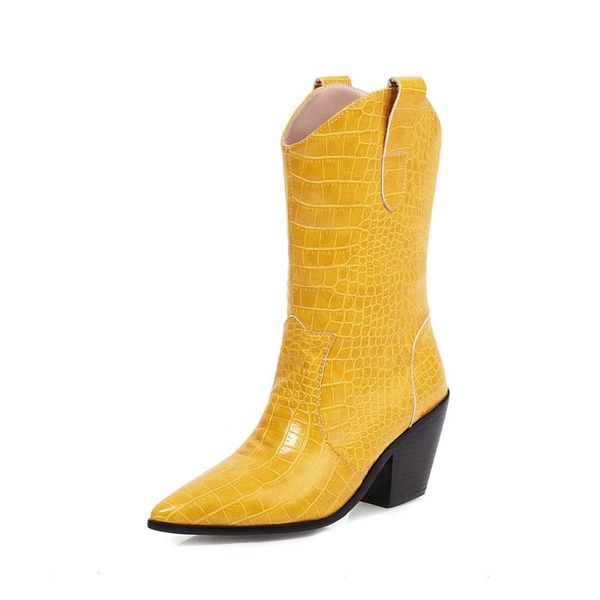 

boots 2021 autumn faux leather cowboy ankle women wedge high heel chunky snake print western cowgirl yellow white, Black
