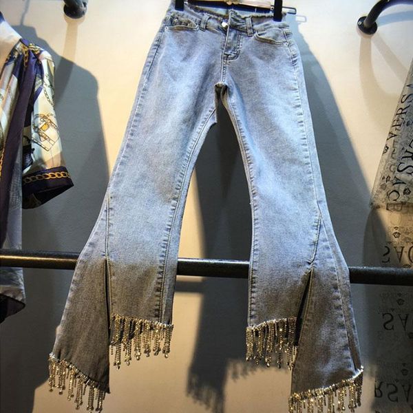 

women's jeans rhinestone tassel-studded nail beads high waist slim nine-point slight womens pants european lady spring/summer, Blue