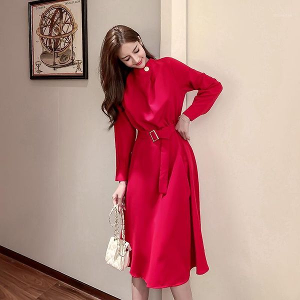 

casual dresses elegant women midi dress long sleeve solid female chic korean belt vestidos drop, Black;gray
