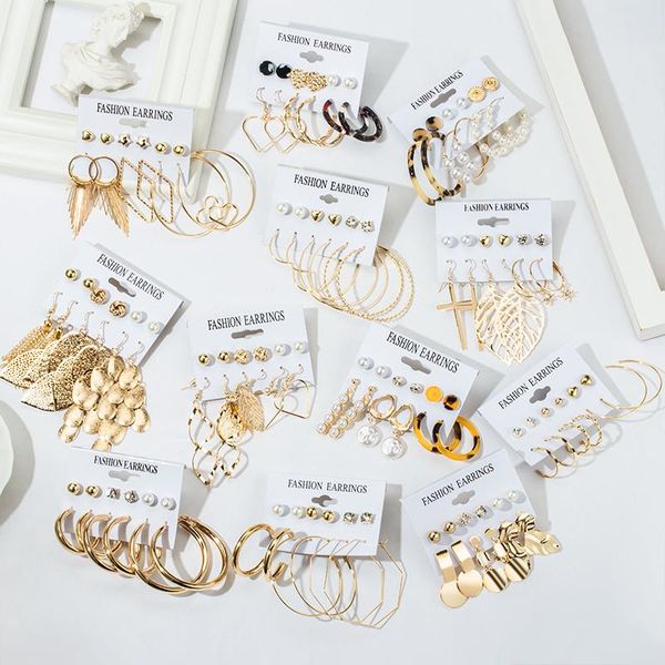 

hoop & huggie korean design simple pearl hoops stud irregular butterfly six-piece earrings for women, Golden;silver