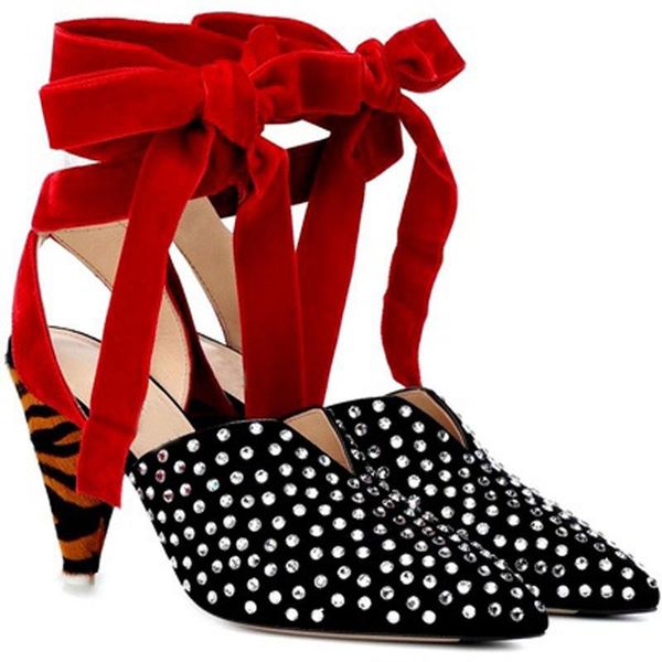 

roman style metal rivets studded spike heels sandals female gladiator zebra striped high red velvet lace up bosandals, Black