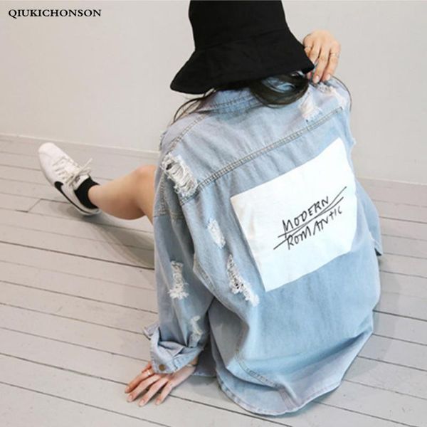 

casual loose long denim shirt women 2021 spring autumn streetwear boyfriend letter print ripeed plus size jeans sleeve women's blouses, White