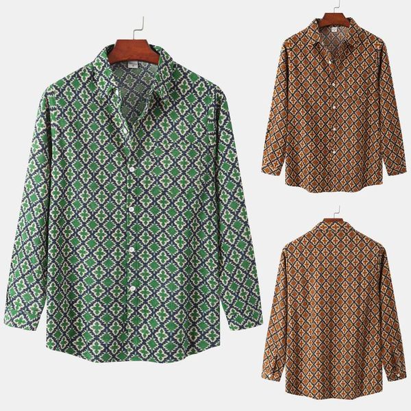 

men's casual shirts autumn fashionable comfortable corduroy geometric print shirt long sleeve turn-down collar camisas de hombre, White;black