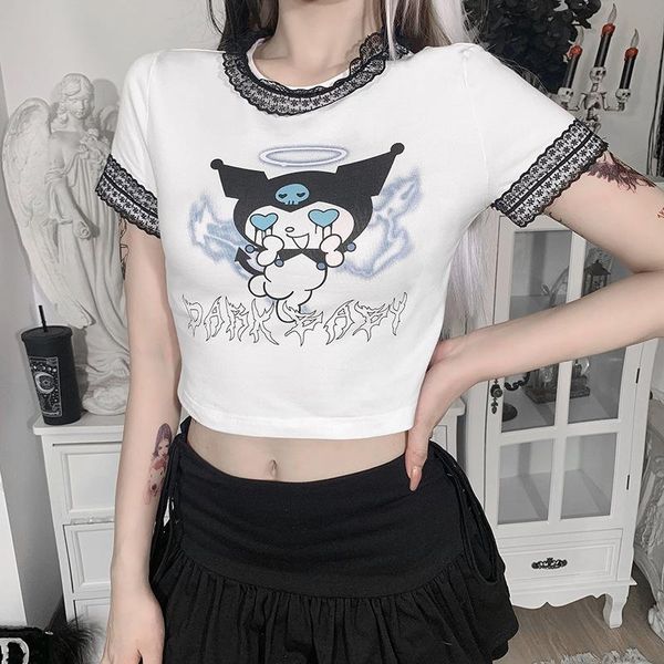 

women's t-shirt harajuku slim cartoons printing short sleeve tshirt women o neck splcie lace trim crop summer street chic kawaii clothe, White