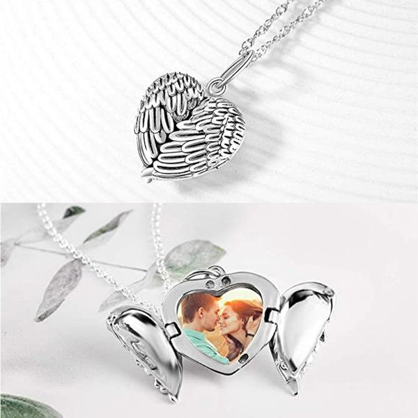 Süblimasyon Boşlukları Kolye Süslemeleri Locket Fotoğraf Kolye Melek Kanatları Sıcak Transfer Baskı Kalp Şekli DIY Takı El Sanatları Için Kanat Kolye Tepsileri Zincirleri