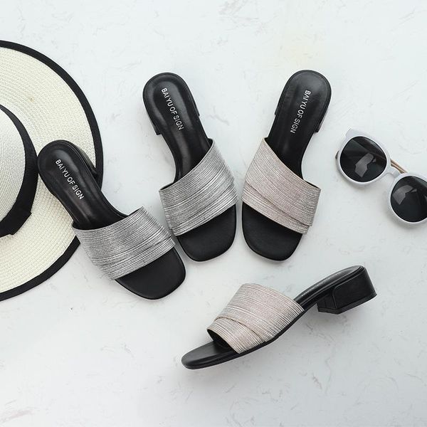 

slippers women summer fashion sandals slides woman shoes luxury designer high heel zapatillas de mujer, Black