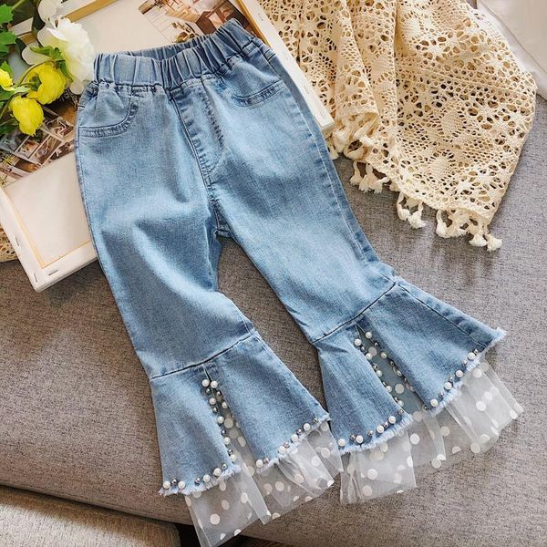 

jeans girls denim pants boot cut patchwork pearl long children trousers for kids 3-8years, Blue