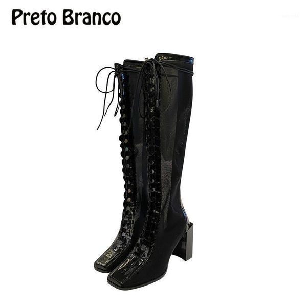 

boots preto branco net red hollow boot sandals chunky heel high breathable mesh women's knee for autumn -266-21, Black