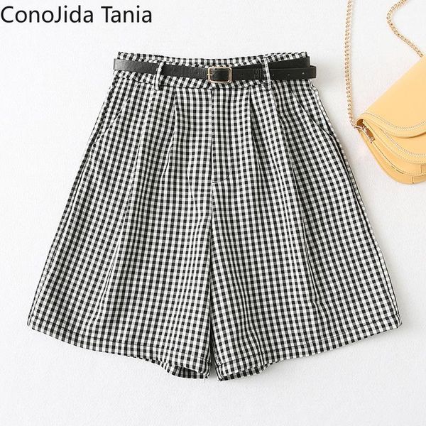 

women's shorts korean 2021 summer high waist with belt plaid wide leg, White;black