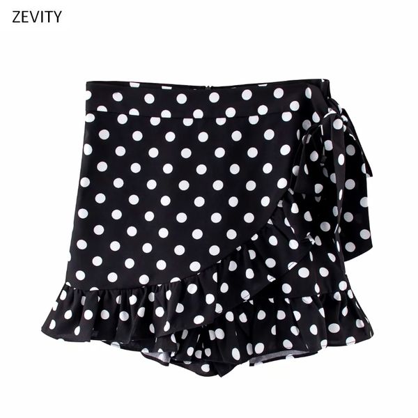 

new 2021 women fashion polka dot printing hem pleated ruffles mini skirt faldas mujer ladies back zipper lace up culottes qun603, Black;gray