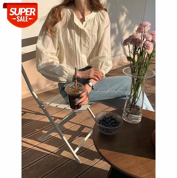 

tg raglan sleeve pleated shirt female korean style western long round neck buttoned 13626 #z31g, Black;gray