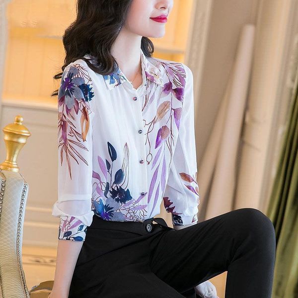 

women's blouses & shirts imitation silk shirt ladies design sense niche 2021 spring and autumn fashion printing long-sleeved blouse, White