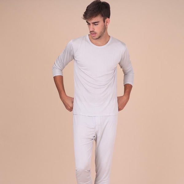 

men's sleepwear male underwear long johns mulberry silk thickening knitted o-neck long-sleeve set, Black;brown