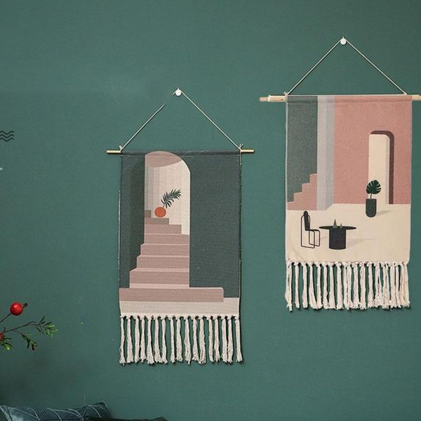 

tapestries 2pcs macrame wall hanging tapestry cotton linen tassel geometric print home decor
