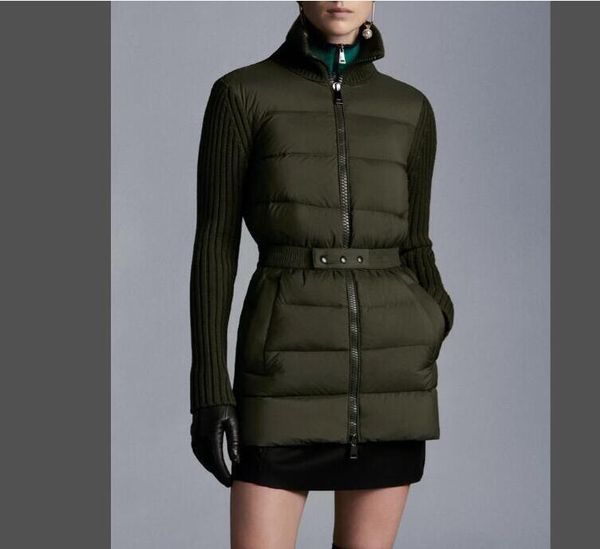 

women knitting stand collar down coat warm with belt design jacket long slim parkas black /white /red /green color