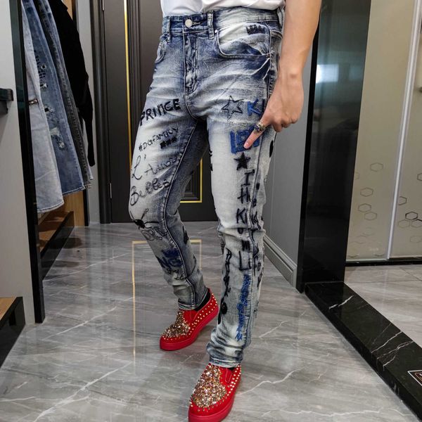 

men's straight elastic pants, fashion brand, full embroidery, slim fit, blue, 2021