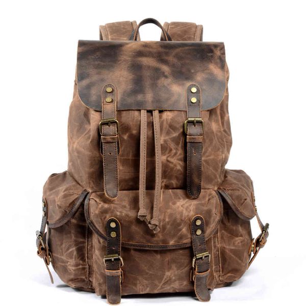

leisure student backpack drawstring men's oil wax canvas bag trend inclined travel