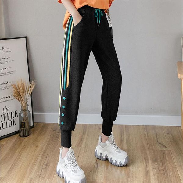

casual loose high waist jogging women capris fashion korean style side stripe trousers plus size  4xl drawstring, Black;white