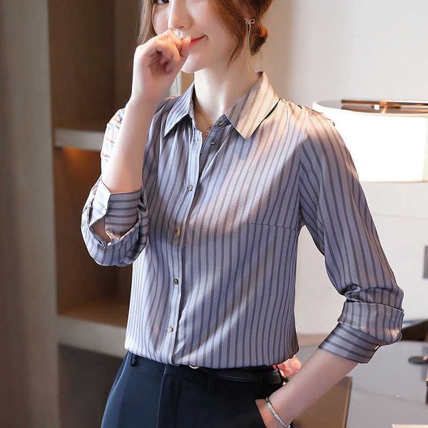 

korean silk women shirts long sleeve woman striped blouses office lady satin shirt plus size camisas mujer 210531, White