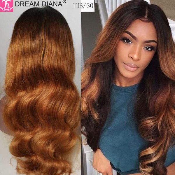

lace wigs dreamdiana two tones 1b/30 ombre brazilian frontal remy 13x4 body wave 100% human hair, Black;brown
