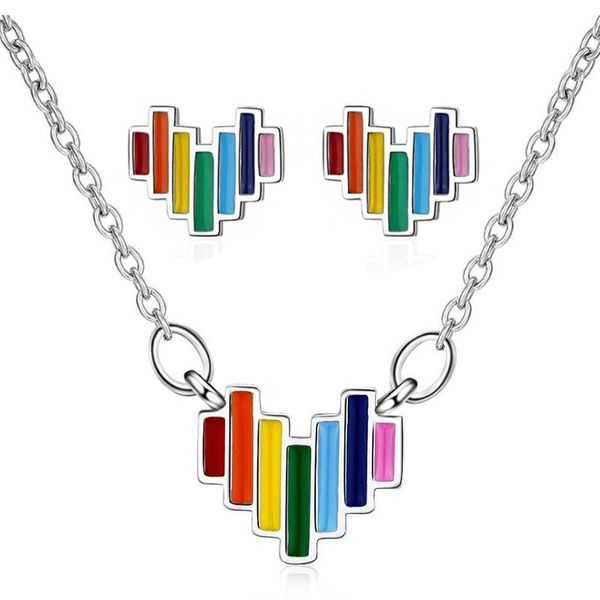 

earrings & necklace tiny colorful epoxy resin heart pendants chain stud fashion party jewelry set gifts for women girls, Silver