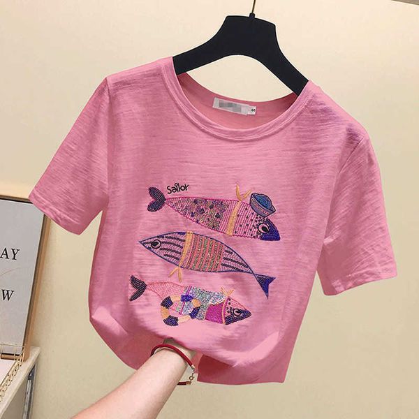 

poleras mujer de moda cartoon sequined embroidery t shirt women tshirt summer t- korean cotton tee femme 210615, White