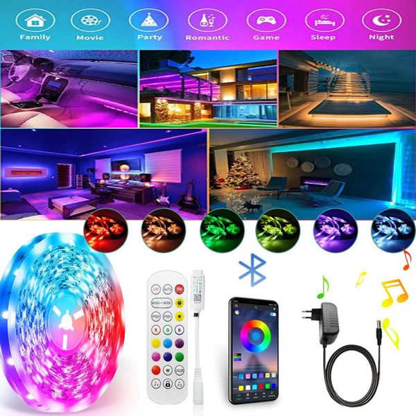 

strips led lights bluetooth music rgb smd 2835 flexible waterproof tape diode 5m 10m 15m 20m dc 12v remote control+adapter