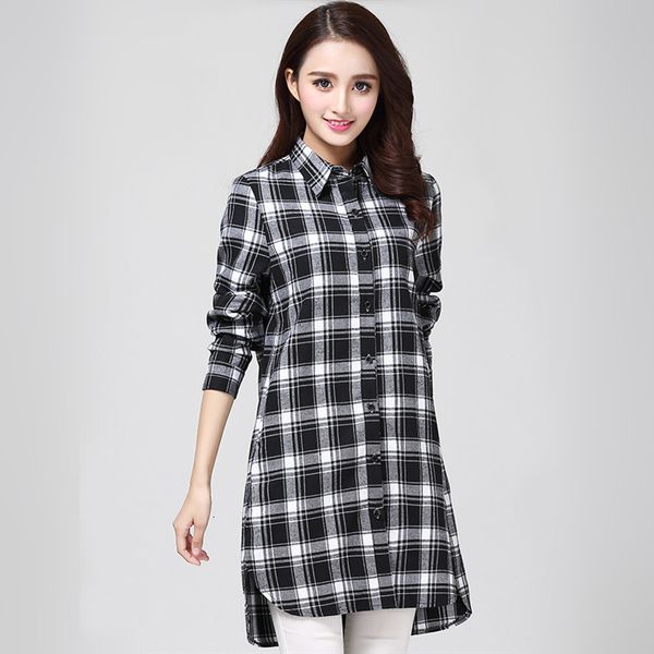 

women's two piece pants -3xl women long shirt spring autumn fashion plaid stripe brushed cotton shirts loose girl's blouse f, White