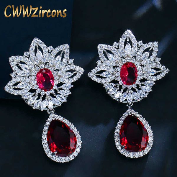 

good quality tiny cubic zirconia stone setting flower and pear drop dangle earring with rose red blue crystal cz036 210714, Silver