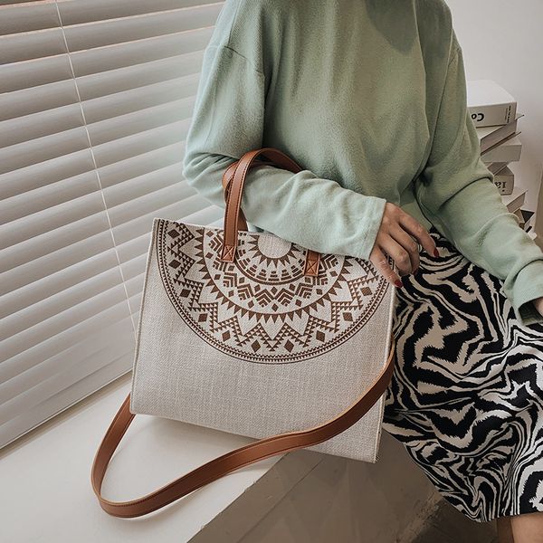 

style canvas large capacity one shoulder women's 2021 new simple pu splicing tote bag handbag