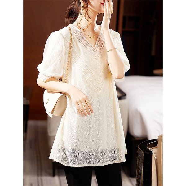 

women's blouses & shirts blouse shirt 2021 summer fashion lace mesh stitching v-neck short sleeve loose 3-3338#], White