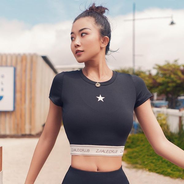 

yoga outfit autumn and winter vest female navel fitness short sleeve quick-drying running sports t-shirt