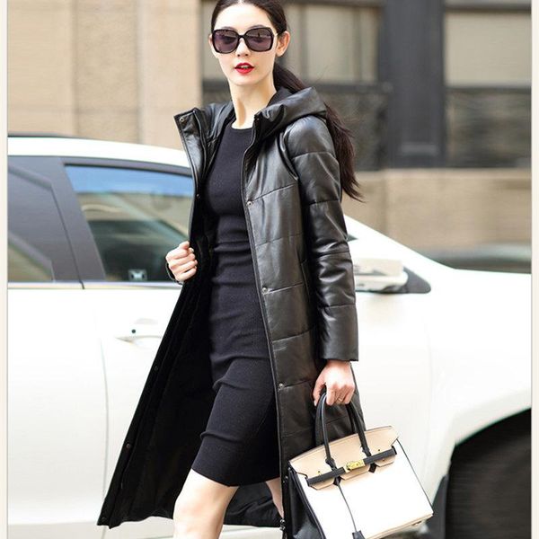 

women's leather & faux jacket genuine down white duck winter long coat women korean parka hooded black slim coats plus size 5xl s
